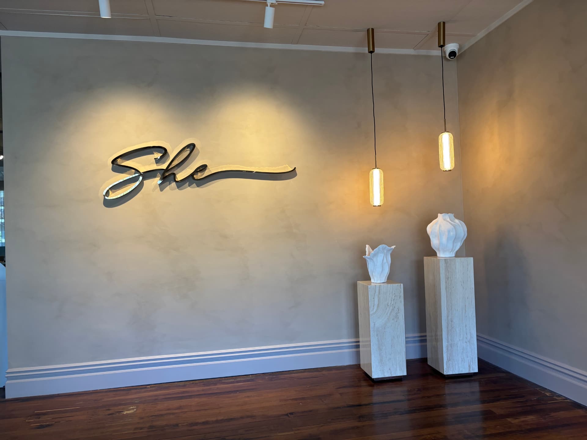 Textured decorative plaster wall in a boutique interior